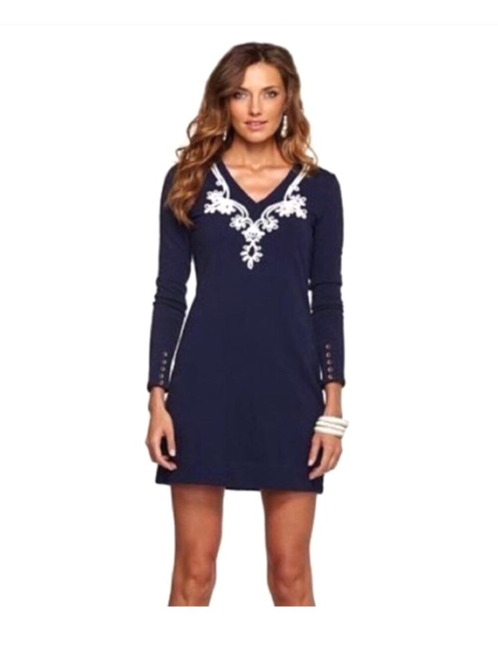 Lilly Pulitzer Navy Daylin Dress Embroidered V-Neck Cotton Blend Jersey M